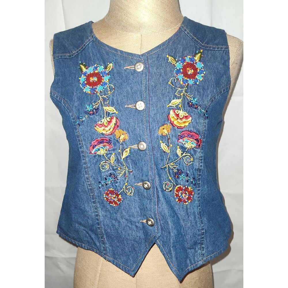 Vintage Copper Key Girls Beaded Floral Embroidery Denim Vest L 100% Cotton Y2K R
